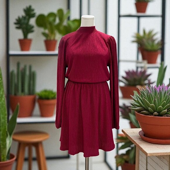 Floret Studios Burgundy Long Sleeve Mini Dress High Neck Bow Back Cottagecore - Picture 1 of 12